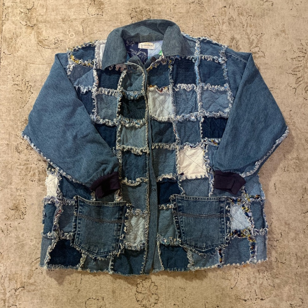 Vintage 90’s Quilted Patchwork Fringe Handmade Denim Jean Jacket Coat Extra Larg
